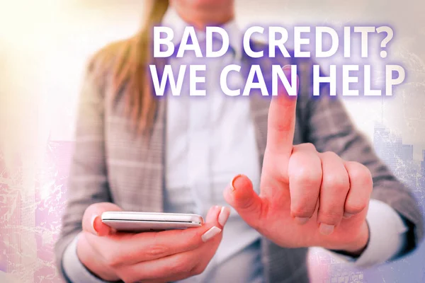 Escribir texto a mano Mala pregunta de crédito que podemos ayudar. Concepto que significa ofrecer ayuda después de ir para el préstamo entonces rechazado . — Foto de Stock