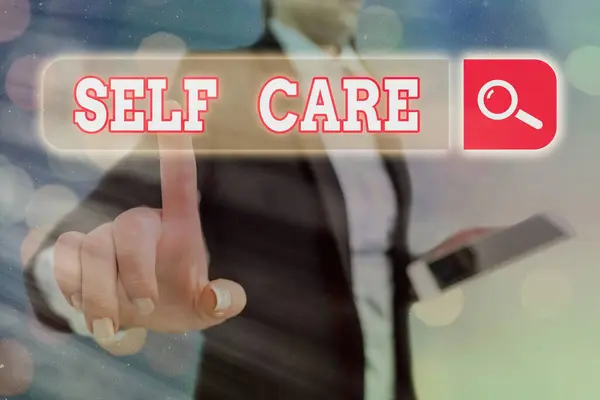 Conceptual hand writing showing Self Care. Business photo text the practice of taking action to improve one s is own health. — Stock Photo, Image