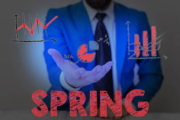 Writing note showing Spring. Business photo showcasing the season after winter in which vegetation begins to appear. — Stock Photo, Image