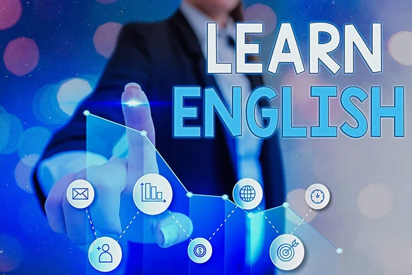 英語を学ぶことを示す概念的な手書き。ビジネスフォトテキストは、研究によって新しい言語で知識を得る. — ストック写真