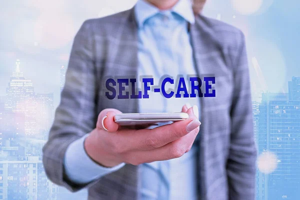 Conceptual hand writing showing Self Care. Business photo showcasing the practice of taking action to improve one s is own health. — Stock Photo, Image