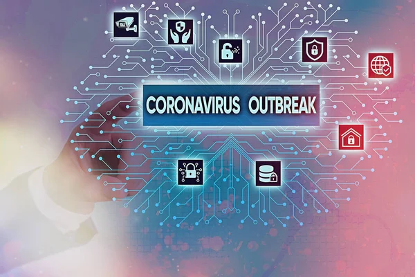 Escribiendo una nota que muestra el brote de Coronavirus. Foto comercial que muestra enfermedades infecciosas causadas por el recién descubierto COVID19 . — Foto de Stock