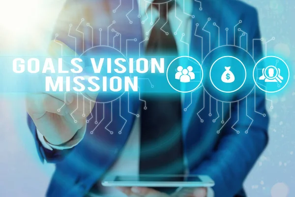 Word Writing Text Ziele Vision Mission. Geschäftskonzept für praktischen Planungsprozess zur Unterstützung der Community-Gruppe. — Stockfoto