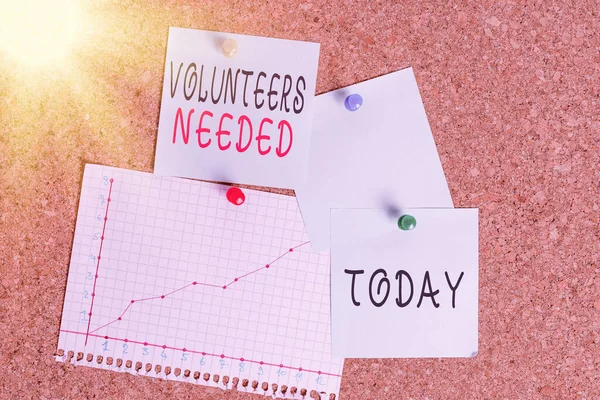 Word writing text Volunteers Needed. Business concept for need work or help for organization without being paid Corkboard color size paper pin thumbtack tack sheet billboard notice board. — Stock Photo, Image