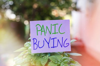 El yazısı Panik Satın Alma. Kavram demek, ani gelen kıtlık korkusuyla büyük miktarlarda satın almak demek. Boş kağıt bir çubuğa bağlanmış ve yeşil yapraklı bitkilere yerleştirilmiş..