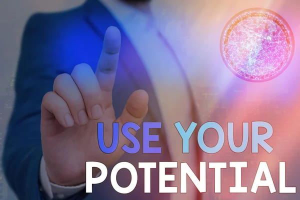 Writing note showing Use Your Potential. Business photo showcasing achieve as much natural ability makes possible Elements of this image furnished by NASA.