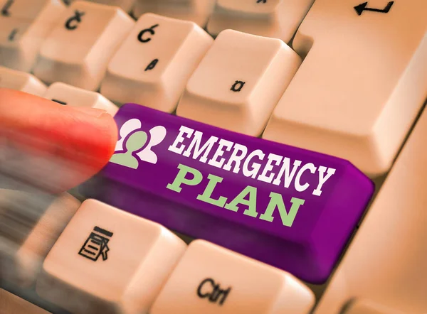 Writing note showing Emergency Plan. Business photo showcasing instructions that outlines what workers should do in danger.