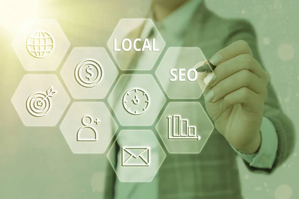 Signo de texto que muestra Local Seo. La foto conceptual ayuda a las empresas a promover productos y servicios a los clientes locales . — Foto de Stock