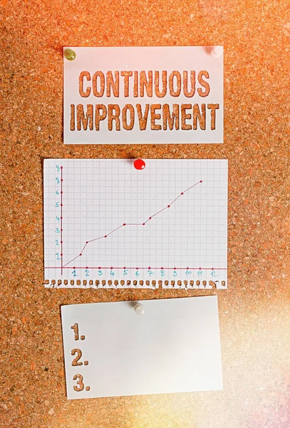 Text sign showing Continuous Improvement. Conceptual photo ongoing effort to improve products or processes Corkboard color size paper pin thumbtack tack sheet billboard notice board.