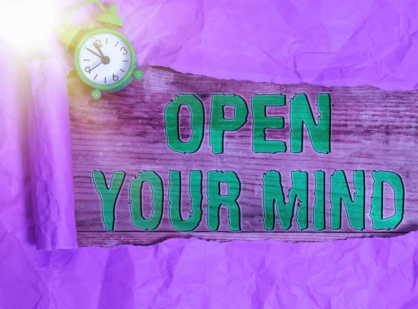 Conceptual hand writing showing Open Your Mind. Business photo showcasing to be able to understand different ideas or ways of thinking.