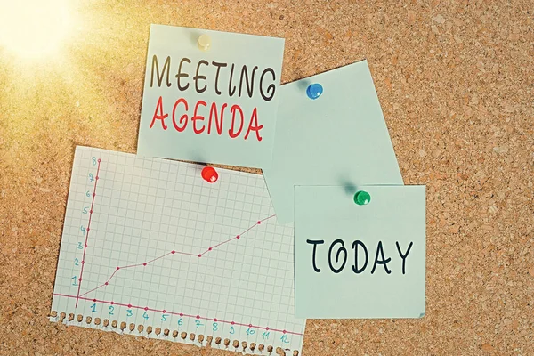Word writing text Meeting Agenda. Business concept for items that participants hope to accomplish at a meeting Corkboard color size paper pin thumbtack tack sheet billboard notice board.
