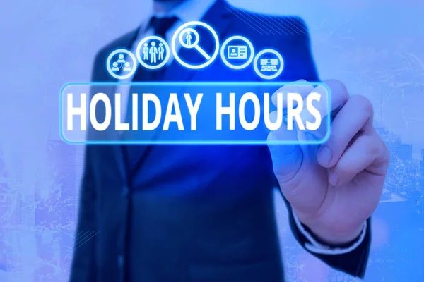 Writing note showing Holiday Hours. Business photo showcasing employee receives twice their normal pay for all hours. — Stock Photo, Image