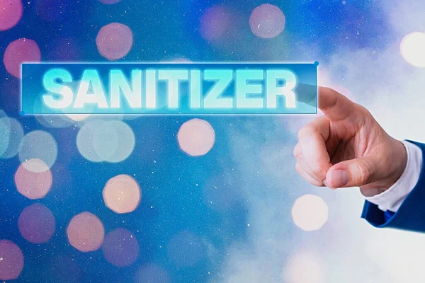 Schreibnotiz, die Sanitizer zeigt. Geschäftsfotos mit Flüssigkeit oder Gel zur Verringerung von Infektionserregern. — Stockfoto