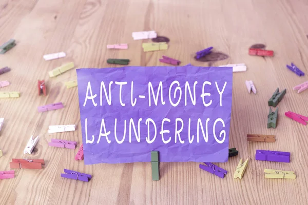 Writing note showing Anti Money Laundering. Business photo showcasing regulations stop generating income through illegal actions.