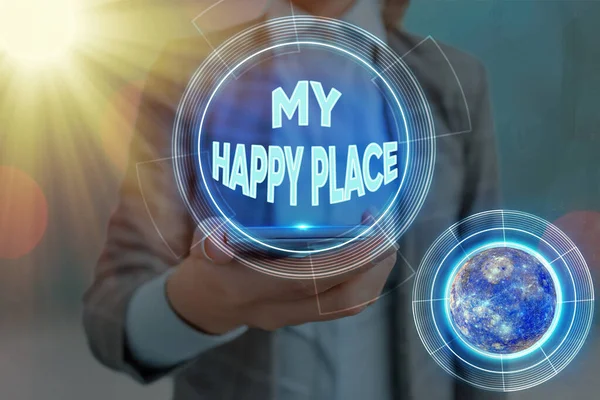 Text sign showing My Happy Place. Conceptual photo something nice has happened or they feel satisfied with life Elements of this image furnished by NASA.