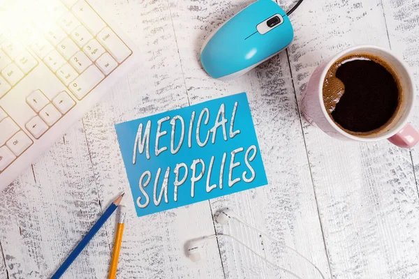 Word writing text Medical Supplies. Business concept for Items necessary for treatment of illness or injury technological devices colored reminder paper office supplies keyboard mouse.
