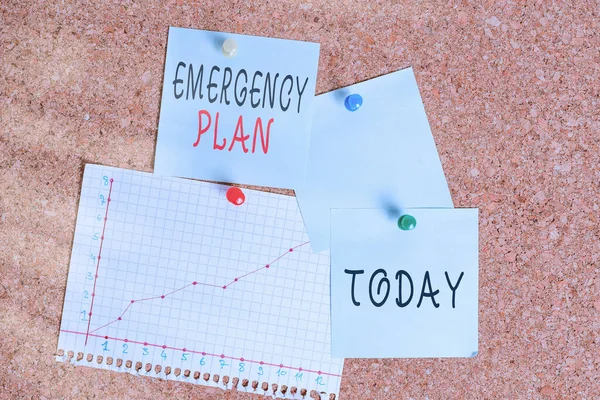 Word writing text Emergency Plan. Business concept for procedures for handling sudden or unexpected situations Corkboard color size paper pin thumbtack tack sheet billboard notice board.