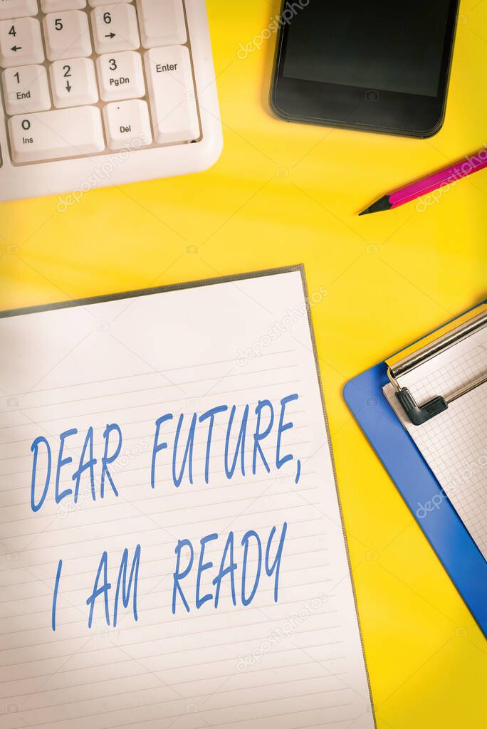 Conceptual hand writing showing Dear Future I Am Ready. Business photo showcasing Confident to move ahead or to face the future Crumpled white paper on table clock mobile and pc keyboard.