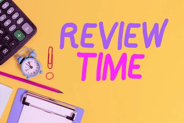 Text sign showing Review Time. Conceptual photo to think or talk about something again Set schedule to review Clock clips crushed note calculator pencil clipboard band color background. — Stock Photo, Image