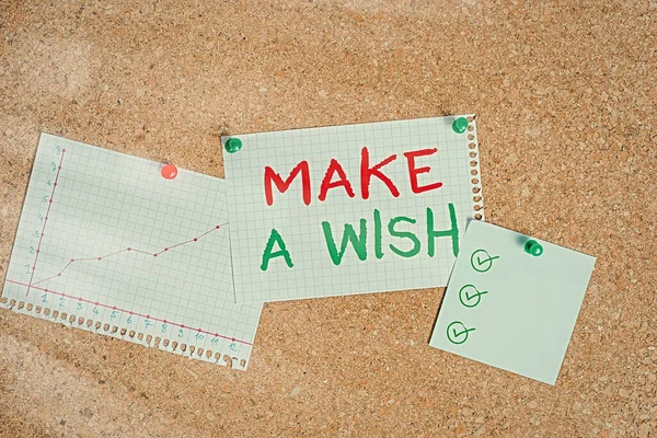 Writing note showing Make A Wish. Business photo showcasing to desire a situation that is different from the one that exist Corkboard size paper thumbtack sheet billboard notice board.