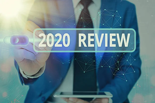 Schreiben Notiz zeigt 2020 Review. Business-Foto zeigt neue Trends und Aussichten im Tourismus oder Dienstleistungen für 2020. — Stockfoto