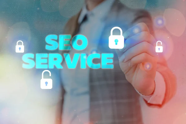 Tekst schrijven Seo Service. Bedrijfsconcept voor technieken en procedures om de zichtbaarheid van de website te vergroten. — Stockfoto