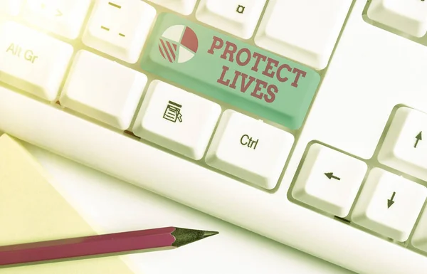 Escrevendo nota mostrando Proteger Vidas. Foto de negócios mostrando para cobrir ou proteger contra danos ou destruição de lesões de exposição . — Fotografia de Stock