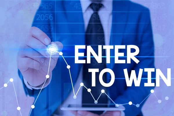 Conceptual hand writing showing Enter To Win. Business photo showcasing exchanging something value for prize chance winning prize. — Stock Photo, Image