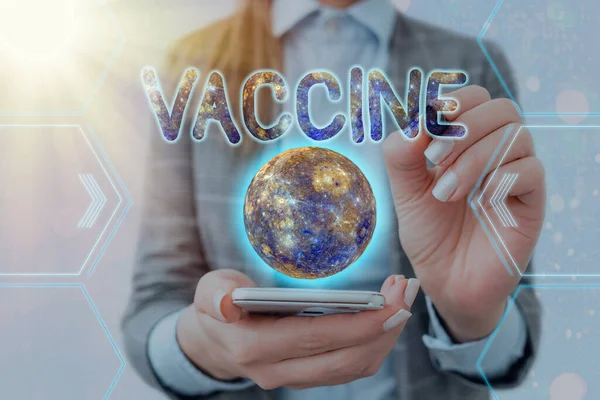 Handschrift tekst schrijven Vaccin. Concept: bereiding van gedode micro-organismen of levende verzwakte organismen Elementen van dit beeld geleverd door NASA. — Stockfoto