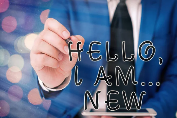 Kelime yazma metni Merhaba Ben yeniyim. Kullanılmış selamlama veya telefon görüşmesi için iş kavramı.