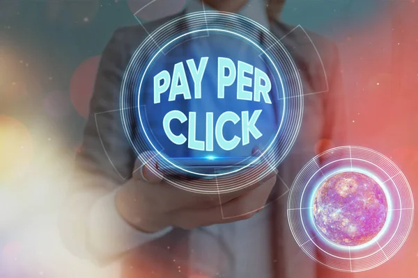 Text sign showing Pay Per Click. Conceptual photo internet marketing in which payment is based on clickthroughs Elements of this image furnished by NASA. — Stock Photo, Image