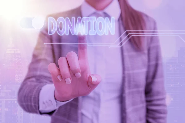 Word writing text Donation. Geschäftsidee für etwas, das einer wohltätigen Organisation gespendet wird, insbesondere für eine Geldsumme. — Stockfoto