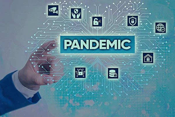 A escrever um bilhete a mostrar Pandemia. Foto de negócios mostrando que ocorre em uma ampla área que afeta alta proporção da população . — Fotografia de Stock