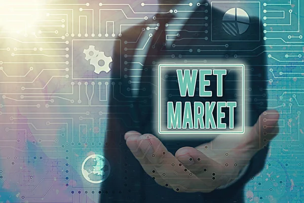 Konceptuell handstil som visar Wet Market. Marknaden för affärsfoto text säljer färskt kött fisk produkter och andra lättfördärvliga varor. — Stockfoto