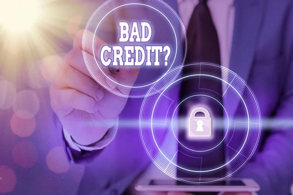 Writing note showing Bad Creditquestion. Business photo showcasing inabilityof an individual to repay a debt on time and in full. — Stock Photo, Image