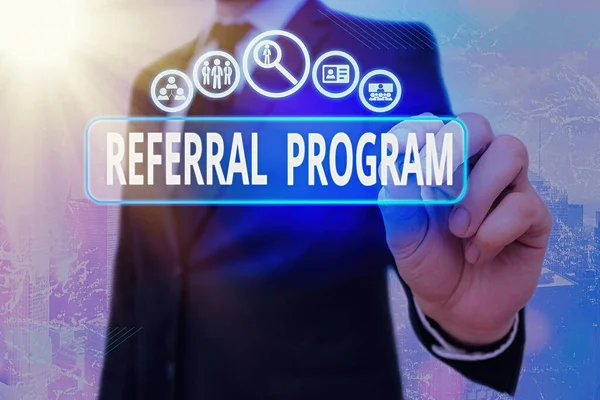 Writing note showing Referral Program. Business photo showcasing employees are rewarded for introducing suitable recruits. — Stock Photo, Image
