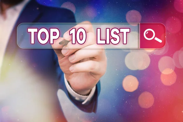 Wortschreibtext Top 10 Liste. Geschäftskonzept für die zehn wichtigsten oder erfolgreichsten Punkte einer bestimmten Liste. — Stockfoto