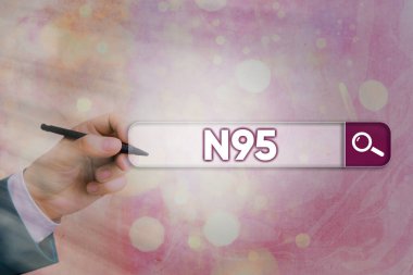 N95 'i gösteren kavramsal el yazısı. Giyen kişiyi korumak için kullanılan bireysel koruma ekipmanlarını gösteren iş fotoğrafı..