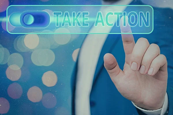 Texto escrito à mão Take Action. Conceito que significa fazer algo ou agir a fim de obter um resultado particular . — Fotografia de Stock