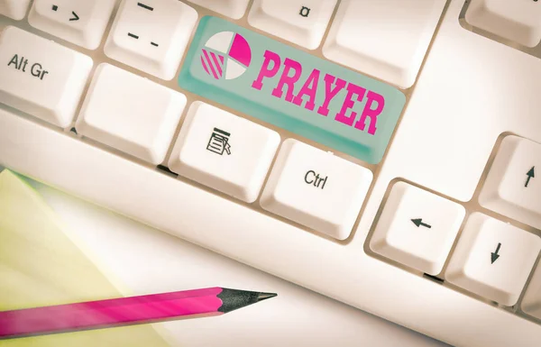 Writing note showing Prayer. Business photo showcasing solemn request for help or expression of thanks addressed to God.