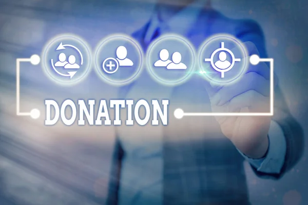 Escribiendo nota mostrando Donación. Foto de negocios mostrando algo que se da a una organización benéfica, especialmente una suma de dinero . —  Fotos de Stock