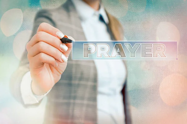 Word writing text Prayer. Business concept for solemn request for help or expression of thanks addressed to God. — Stock Photo, Image
