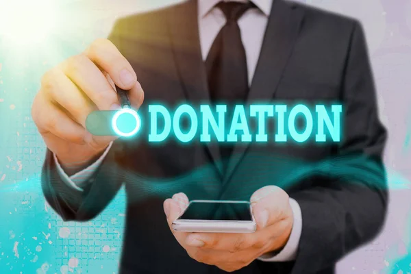 Scrittura di testi Donazione. Concetto di business per qualcosa che è dato a una carità, soprattutto una somma di denaro . — Foto Stock