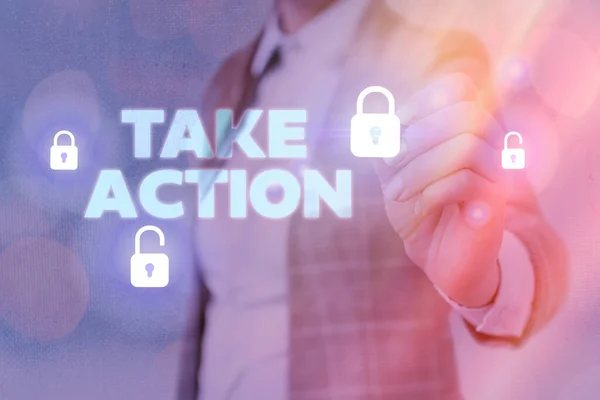 Texto para escrita de palavras Take Action. Conceito de negócio para fazer algo ou agir a fim de obter um resultado particular . — Fotografia de Stock