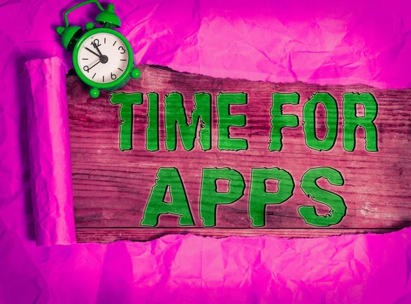 Escrita de mão conceitual mostrando Time For Apps. Exibição de fotos de negócios fazer uso de aplicação ou serviços usando as tecnologias . — Fotografia de Stock