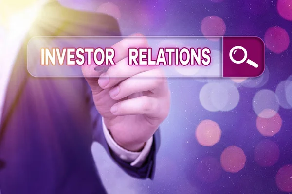 Ordskrivning text Investor Relations. Affärsidé för ledningsansvar som integrerar finansiering. — Stockfoto