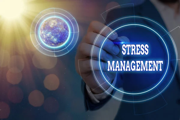 Conceptuele handschrift toont Stress Management. Business foto tekst methode van het beperken van stress en de effecten ervan door het leren van manieren Elementen van dit beeld geleverd door NASA. — Stockfoto