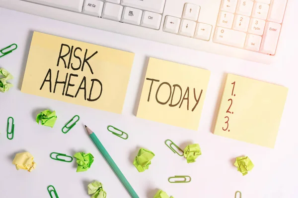 Word writing text Risk Ahead. Business concept for A probability or threat of damage, injury, liability, loss Flat lay above blank copy space sticky notes with business concept. — Stock Photo, Image
