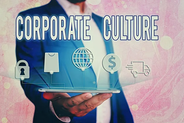 Kézírás szöveg Vállalati kultúra. Fogalom jelentése átható értékek és attitűdök, amelyek jellemzik a vállalat. — Stock Fotó