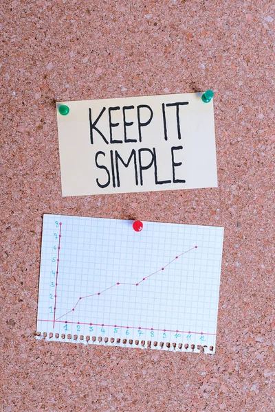 Handwriting text writing Keep It Simple. Concept meaning to make something easy to understand and not in fancy way Corkboard color size paper pin thumbtack tack sheet billboard notice board. — Stock Photo, Image